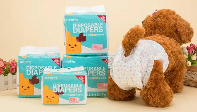 Disposable dog diapers 10 pack per bag with adjustable hook-and-loop waist, sizes S M L XL, for female and male dogs
