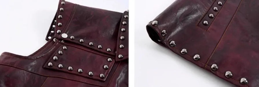 Red leather rivets vest coat with lapel collar and matching pants, Korean-style heavy industry design for men