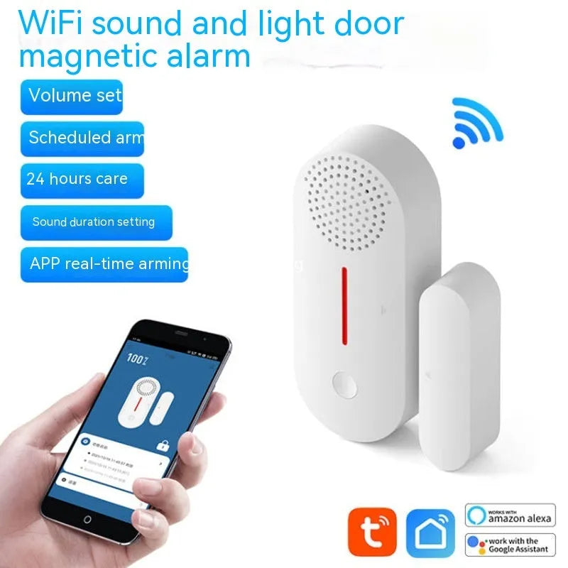 WiFi-enabled magnetic door sensor alarm with sound and light alert for smart home security