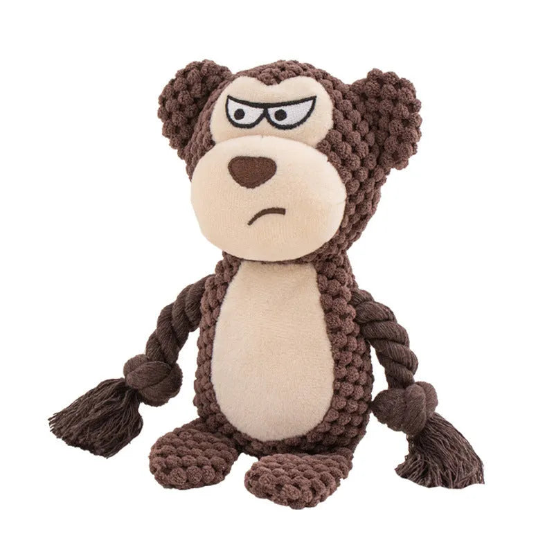 Hippo-shaped plush dog toy with cotton rope sections for tug-of-war games
