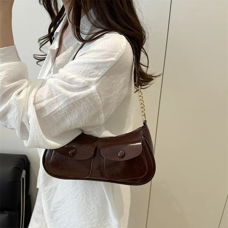 Casual women's PU leather clamshell shoulder bag in urban simplicity style, horizontal square shape, medium hardness