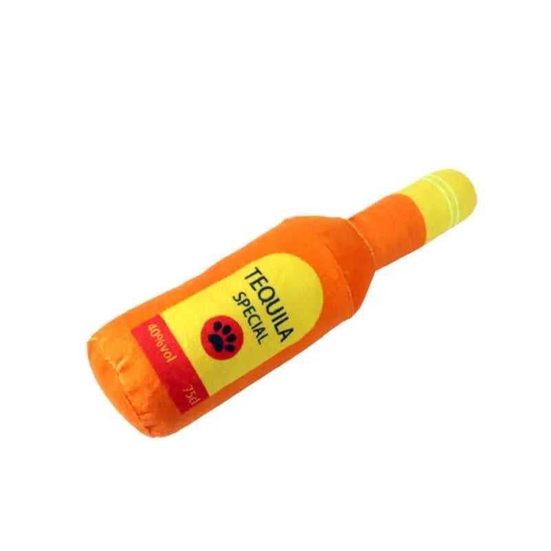 Green plush dog toy shaped like a wine bottle on a white background.