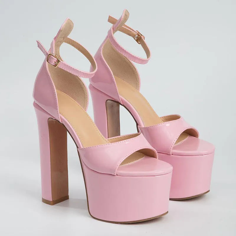 Women's waterproof platform super high heels with word buckle, microfiber upper, rubber sole, in apricot colour
