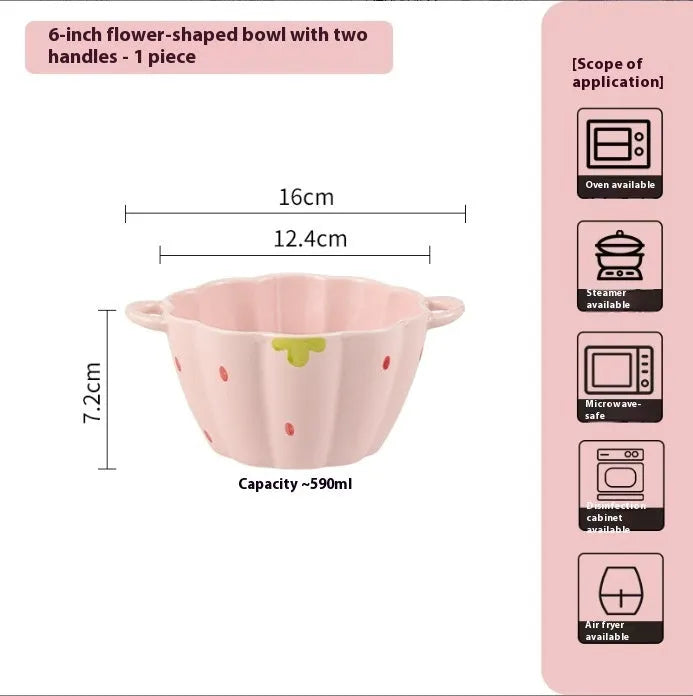 Cute porcelain dinnerware set with strawberry design, instant noodle bowl, twist spoon, and flower-shaped plates on table.