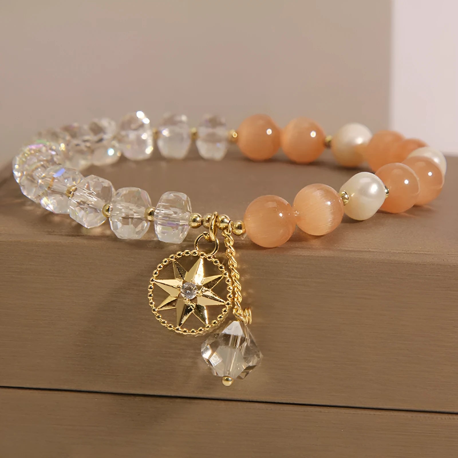 Orange women's bracelet with eight Awn star design featuring gold-plated inlaid artificial gemstones and semi-precious stones