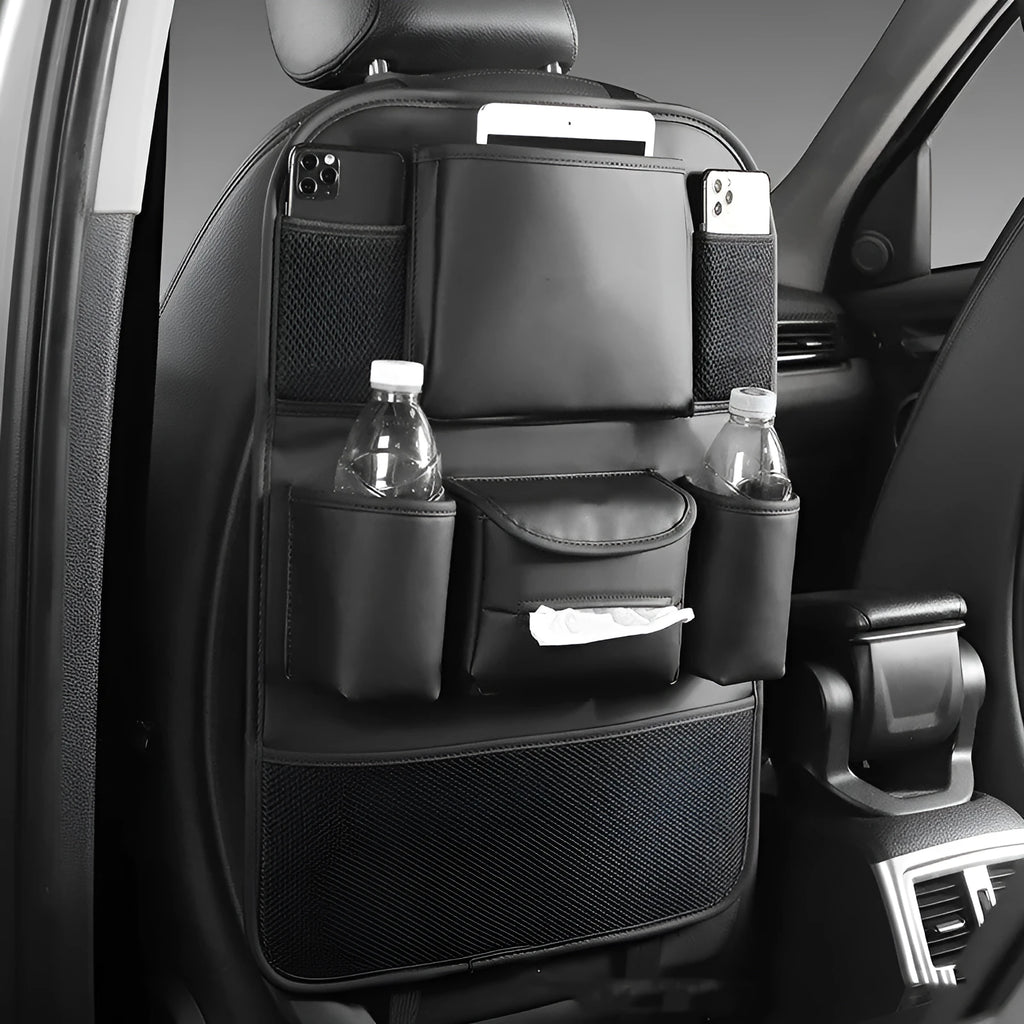 Car seat back storage bag in leather, suspended type, black finish on car seat back