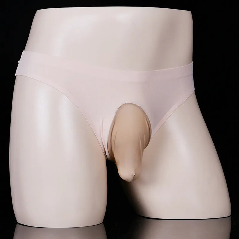 Men's ice silk underwear briefs in open gun egg and t-back designs with ultra-thin nylon fabric