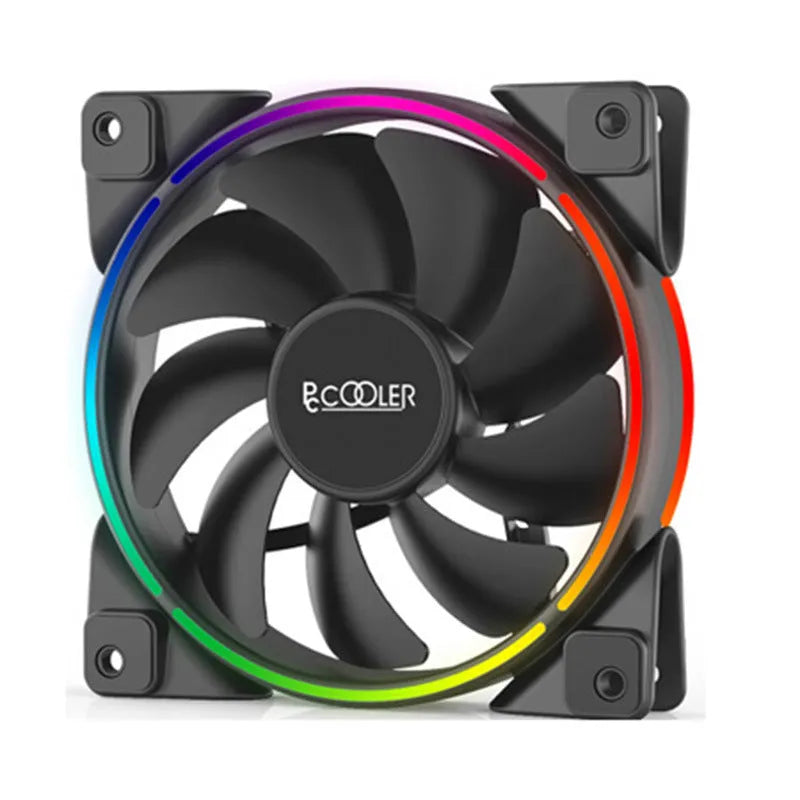 Three black 12cm FRGB lighting PC case fans with transparent blades on a dark background.