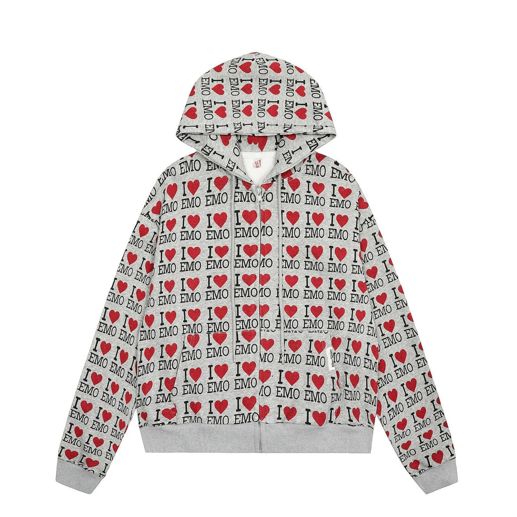 Women's mixed grey cotton hooded cardigan with a retro autumn pattern and long sleeves.