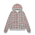 Women's mixed grey cotton hooded cardigan with a retro autumn pattern and long sleeves.