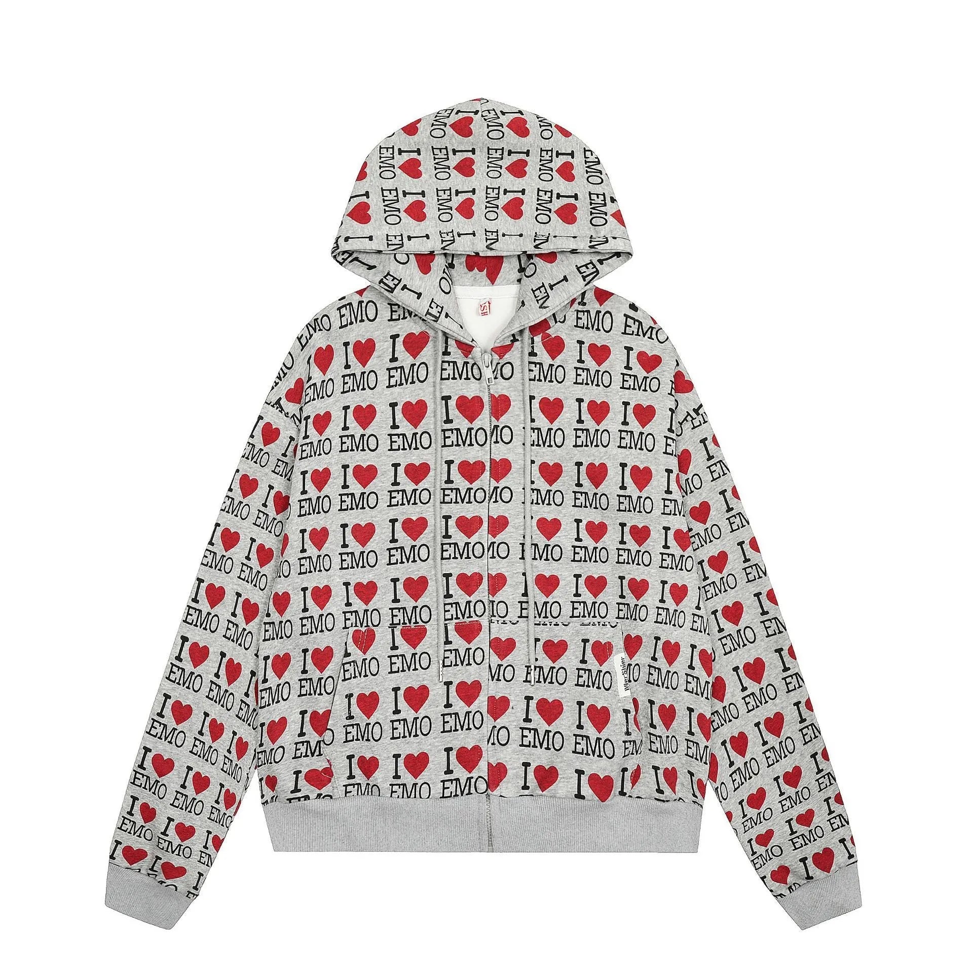 Women's mixed grey cotton hooded cardigan with a retro autumn pattern and long sleeves.