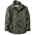 Men's cotton military-style loose fit long-sleeve shirt in army green, available in sizes M to 6XL