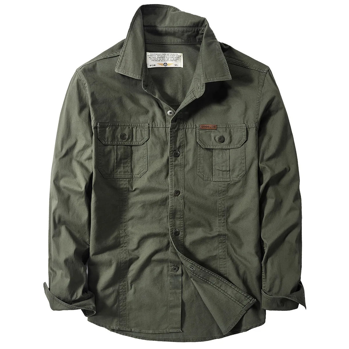 Men's cotton military-style loose fit long-sleeve shirt in army green, available in sizes M to 6XL