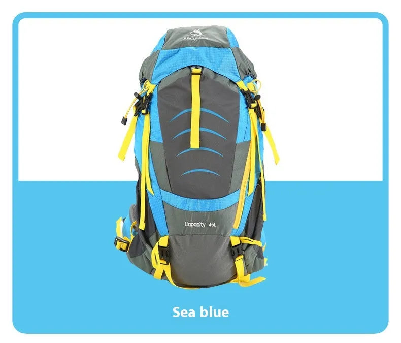 Large capacity foldable nylon mountaineering bag for outdoor hiking, available in blue, red, or yellow