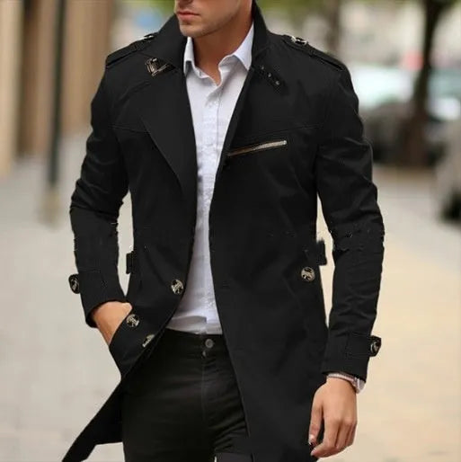 Men's lapel collar casual jacket in army green, showing side seam pockets and autumn styling.