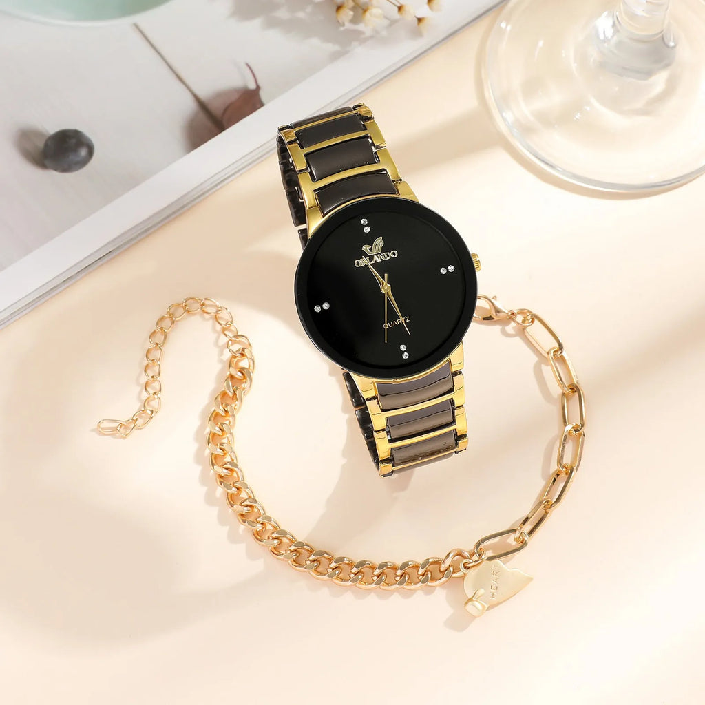 New fashion simple all-match couple watch and heart bracelet set for women, 11mm thickness, casual style, OPP packaging