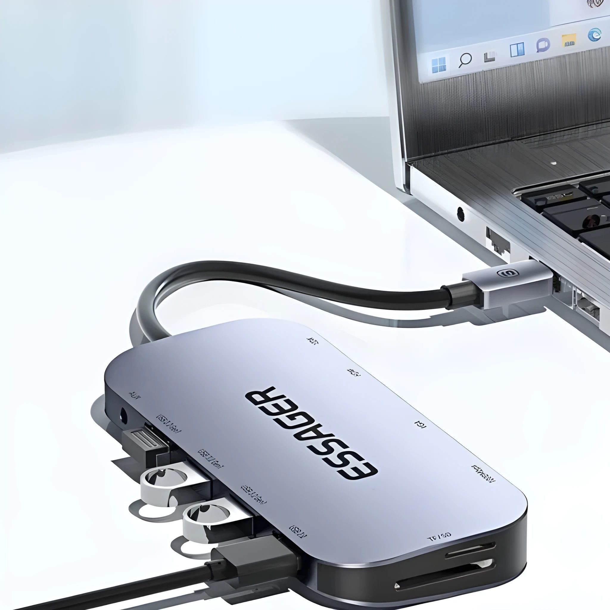 11-in-1 Type-C expansion docking station with Gigabit Ethernet port and a 20cm attached cable.