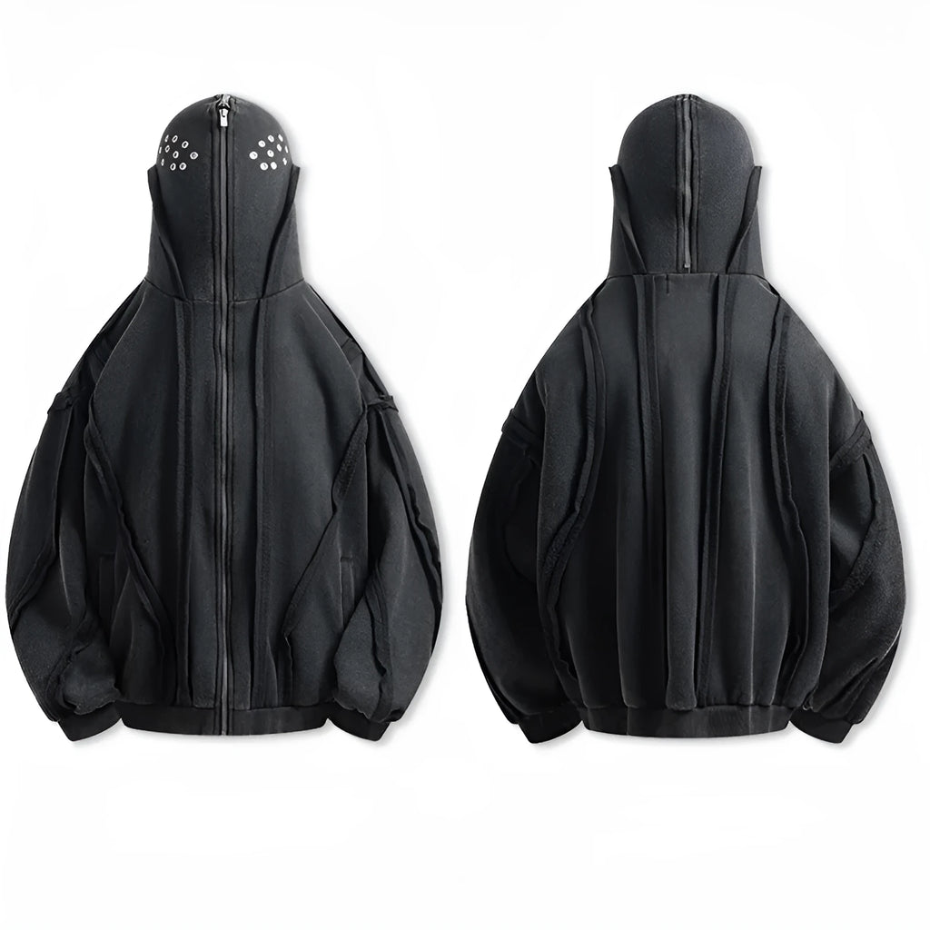 A black loose-fit men's padded coat with a hood, front zip, and abstract pattern.