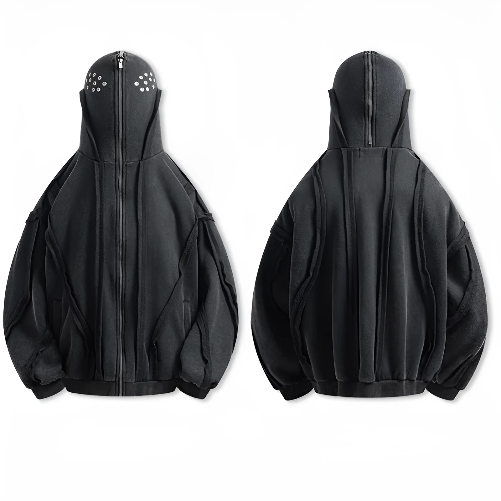 A black loose-fit men's padded coat with a hood, front zip, and abstract pattern.