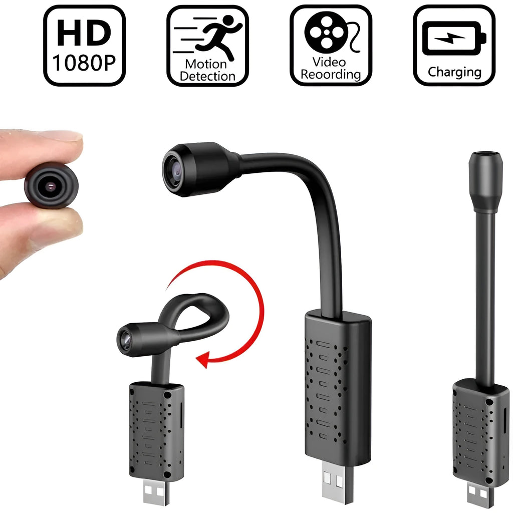 Black V380 wireless USB camera showing compact size and USB port.