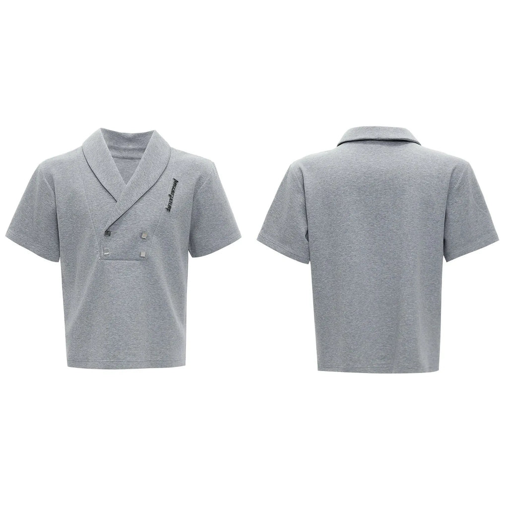 Men's V-neck padded shoulder short sleeve sports suit with metal embellishments in dark black