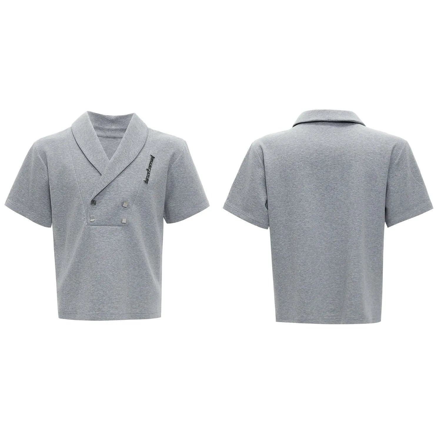 Men's dark grey cotton sports suit with V-neck top featuring padded shoulders and metal embellishments, paired with matching shorts.