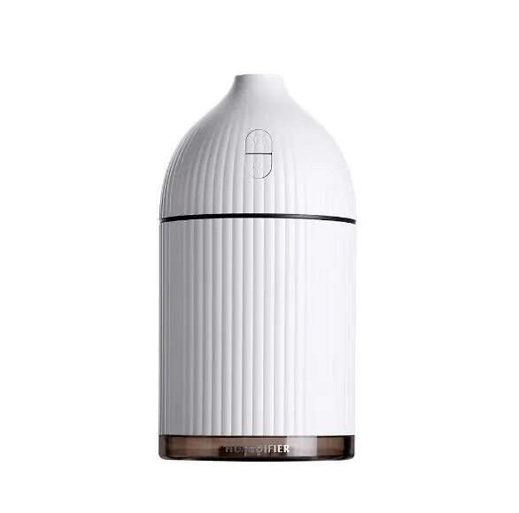 White USB aroma diffuser and humidifier with 300ml tank and LED light on a wooden surface.