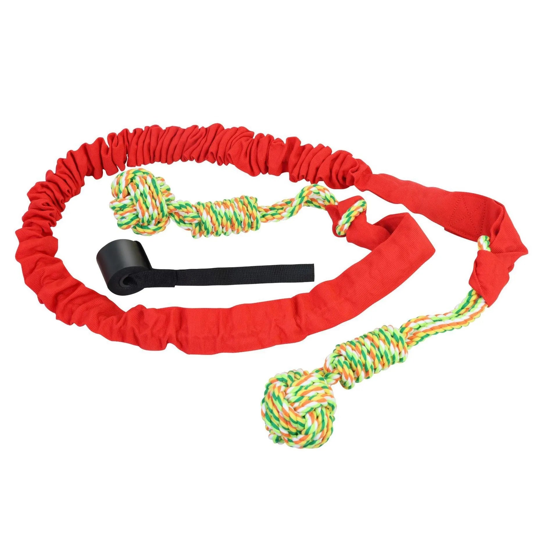 Twisted cotton rope dog toy in black, grey, or red colours for tug of war and chewing