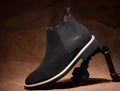 Men's black patent leather elevator shoes with 6cm hidden height increase, pointed toe, and rubber sole