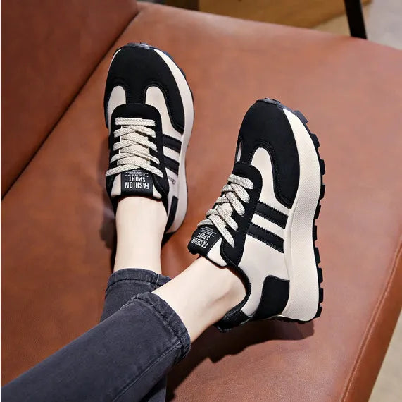 Ladies' thick soled casual shoes with stripe pattern, synthetic leather upper, round toe, in black, yellow, and coffee colours