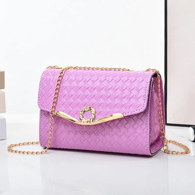 Small PU leather chain shoulder messenger bag in solid colour with woven detail and clamshell opening