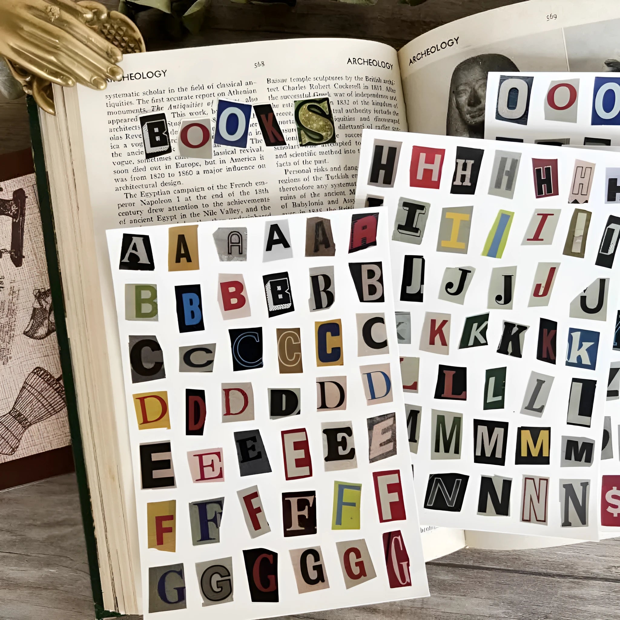 Sheet of cute style decorative stickers showing printed English alphabet letters and weekly words.