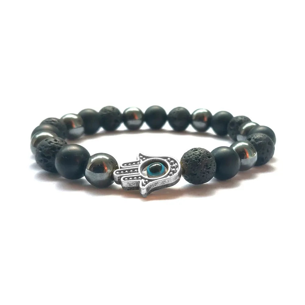 Handmade beaded bracelet with 8mm stone and alloy beads in silver finish, electroplated, 18cm circumference