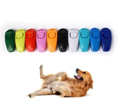 Plastic two-in-one pet ring and whistle dog training tool in black on white background