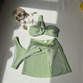 Women's one-shoulder tube top three-piece swimsuit set in light green, sky blue, or pink glossy polyester