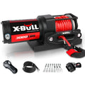 Black electric winch with nylon rope on off-road vehicle for self-rescue
