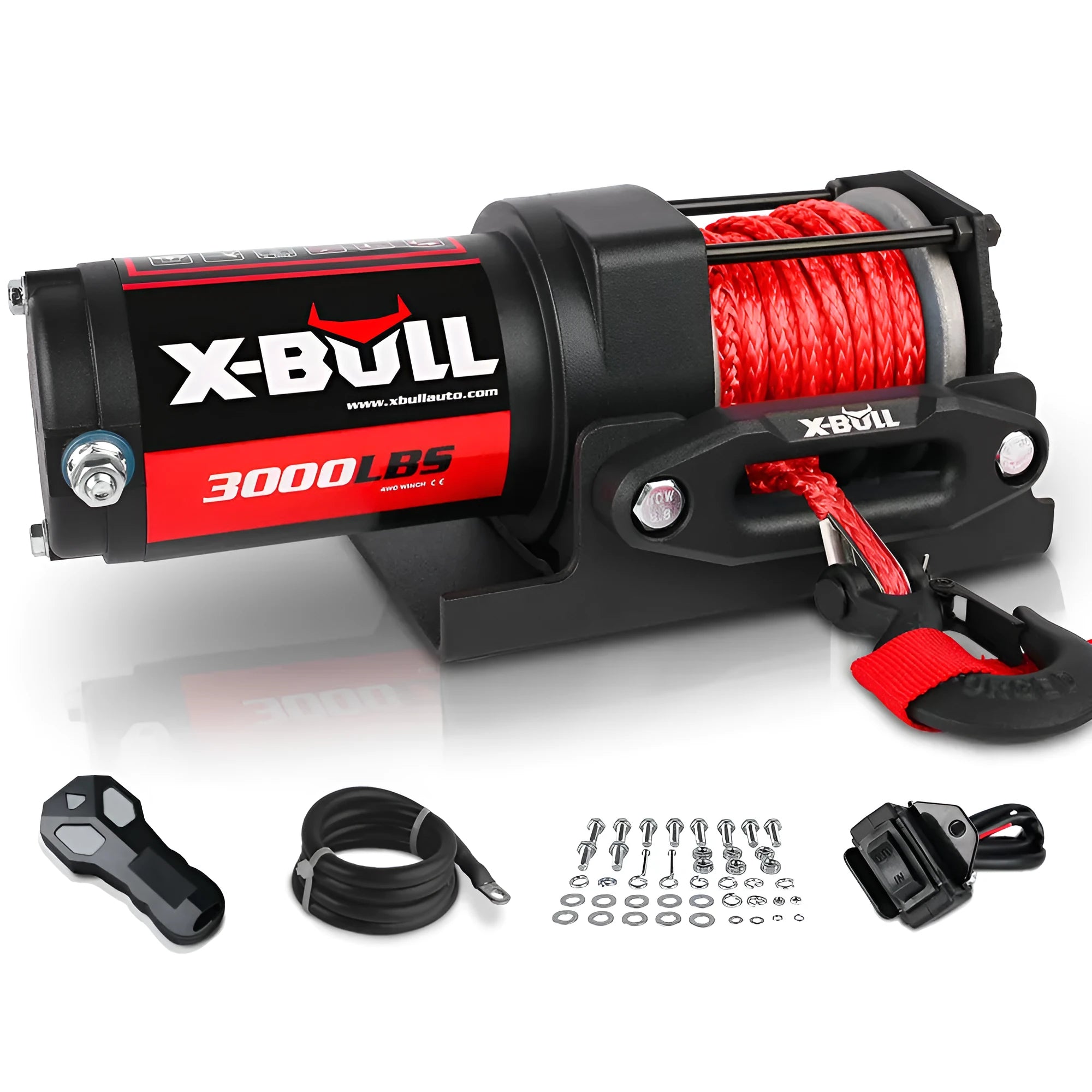 Black electric winch with nylon rope on off-road vehicle for self-rescue