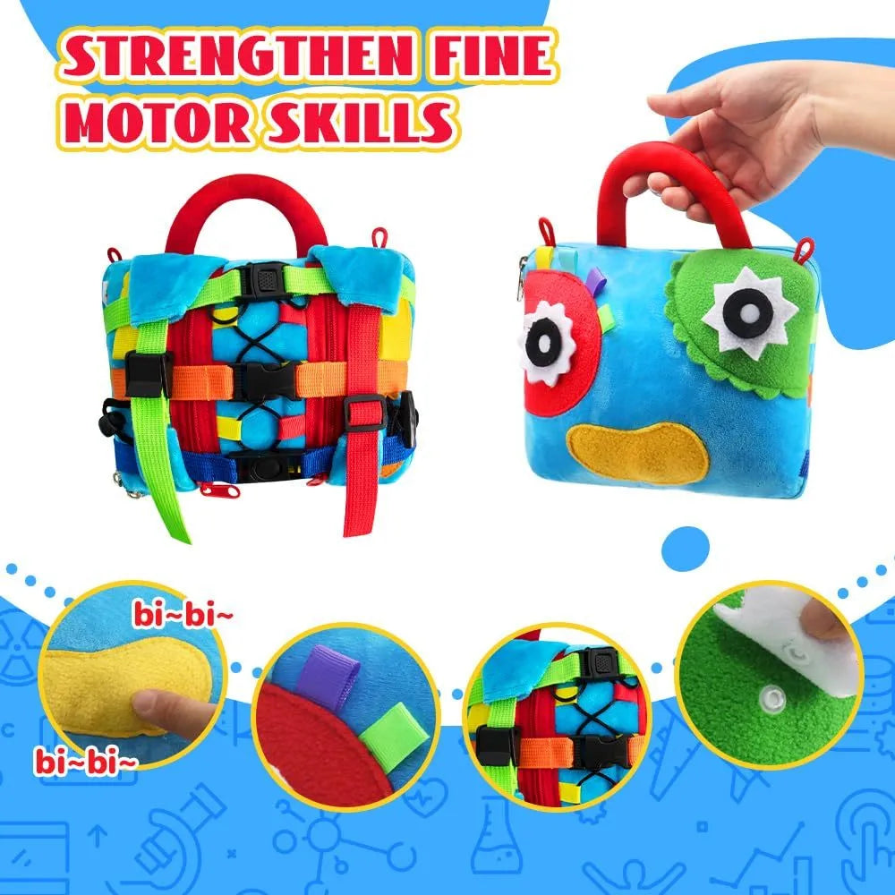 Blue plush owl toy with release buckle for baby early education colour matching