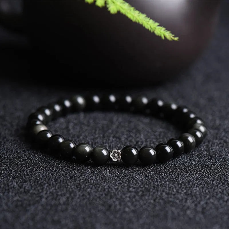 Natural obsidian bracelet with S925 silver dragon phoenix decorations and small flower accessories
