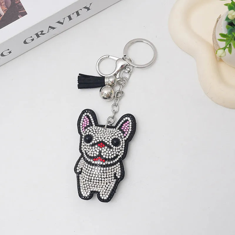 French dog cartoon animal rhinestone keychain with alloy construction measuring 5-7cm