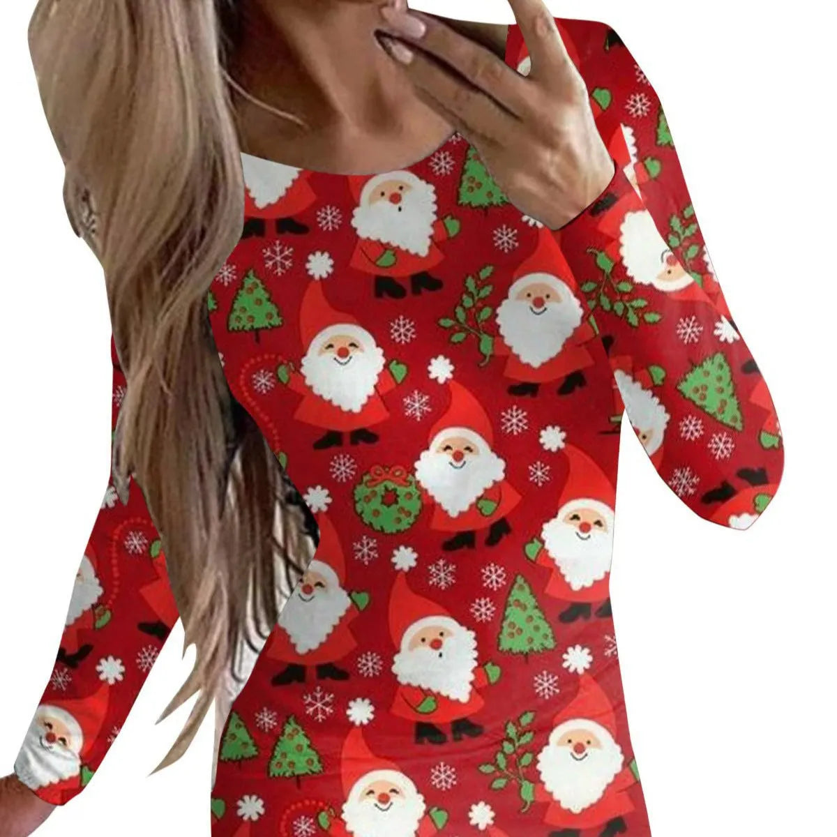 Christmas printed round neck long sleeve narrow dress with animal pattern and colourful flower design