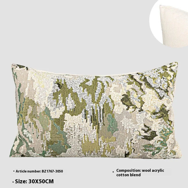 Antique green decorative pillow with abstract botanical pattern, available in square and waist pillow sizes