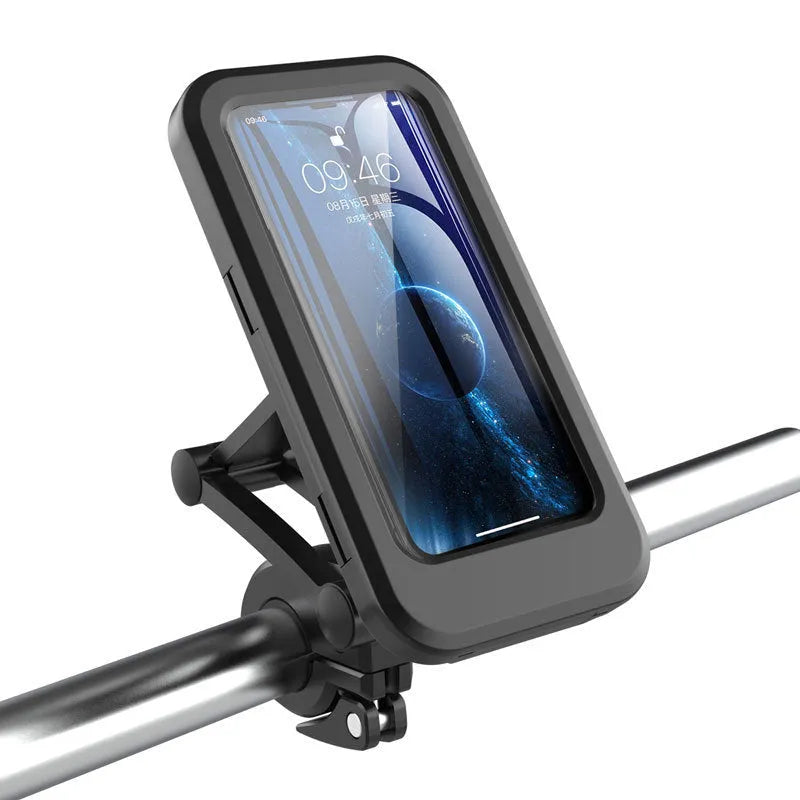 Black waterproof bicycle phone mount with magnetic suction on handlebar holding mobile device