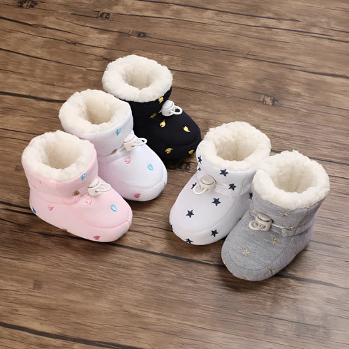 Thickened cotton baby shoes for autumn winter with non-slip sole and elastic band in black white, dark blue, gray, and pink