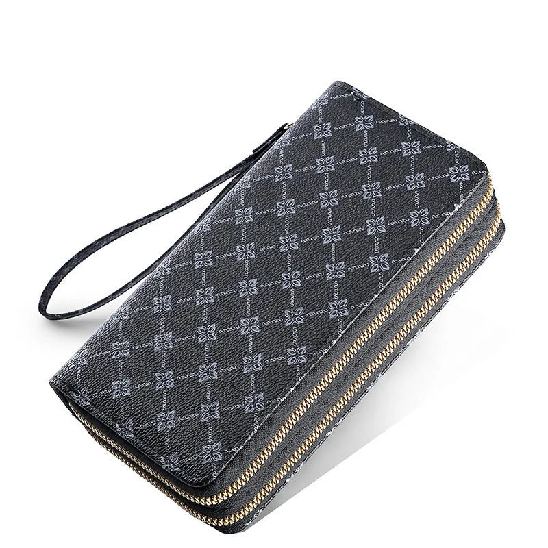 Long black PU leather wallet clutch with retro styling, open to show mobile phone compartment and coin purse sections