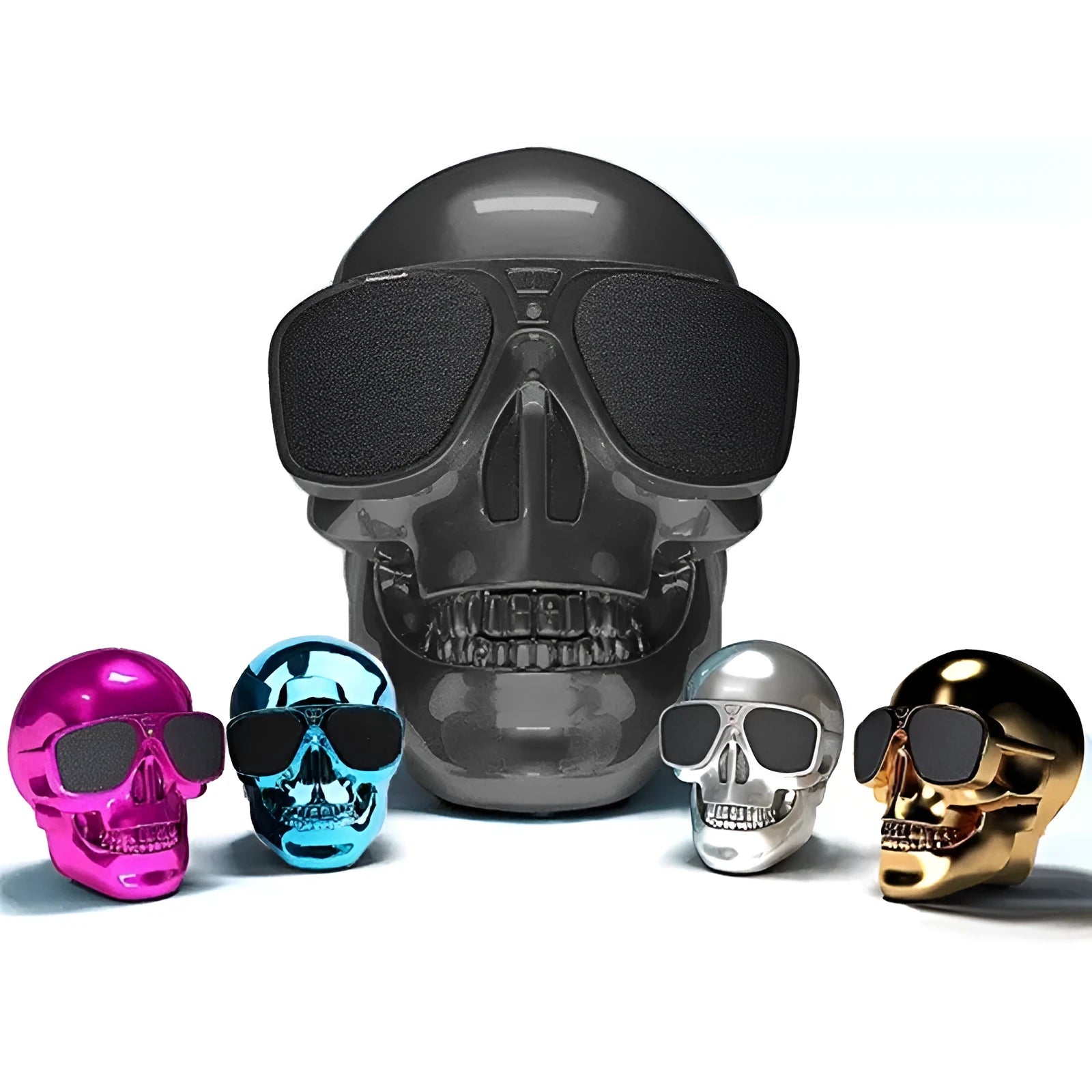 Skull-themed portable wireless Bluetooth speaker in multiple colours with a 10-hour battery.