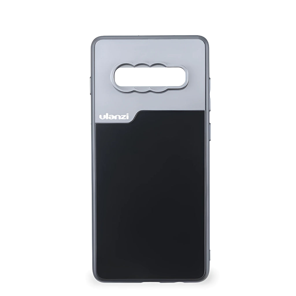 Black mobile phone case for Samsung S10 Plus with aluminium back and camera lens design standing on a surface