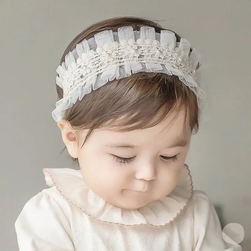 Baby girls headband with double bow-knot and lace floral design in soft cloth material