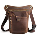 Men's brown crazy horse leather vintage satchel bag with flap closure and adjustable shoulder strap.