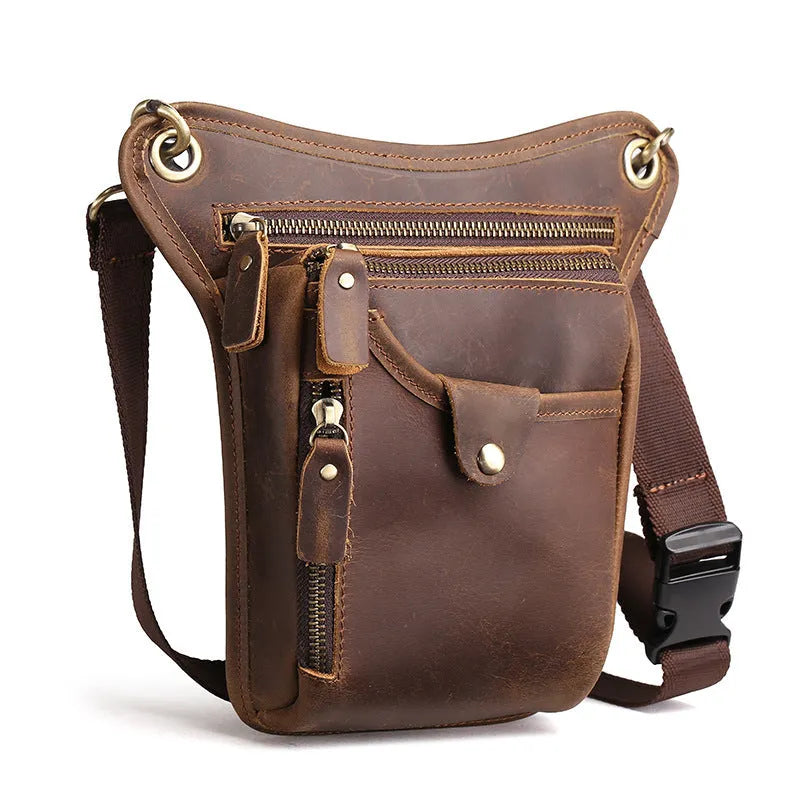 Men's brown crazy horse leather vintage satchel bag with flap closure and adjustable shoulder strap.